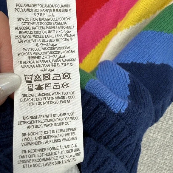 Mini Boden Cape Sweater Girls M Blue Hooded Striped Fringe Rainbow Pony - Picture 3 of 13